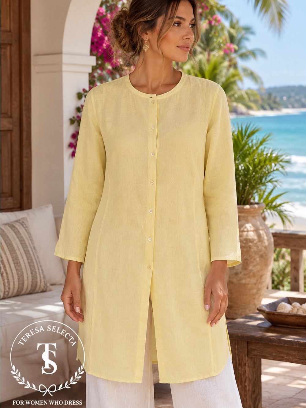 Eileen Fisher 100% Linen Yellow Button Front Tunic Blouse Small